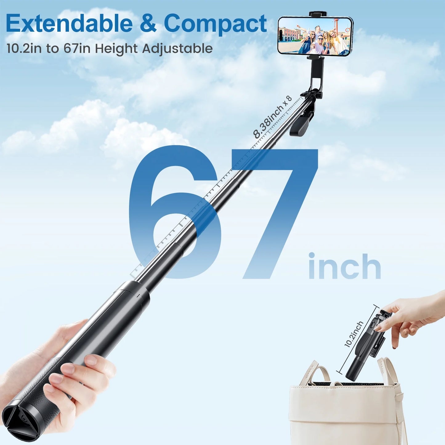 67" Selfie Stick Tripod, 360°Rotation Anti-shake Gimbal Extendable Phone Tripod with Remote and Light, Solidest Cell Phone Tripod Compatible with iPhone/Android