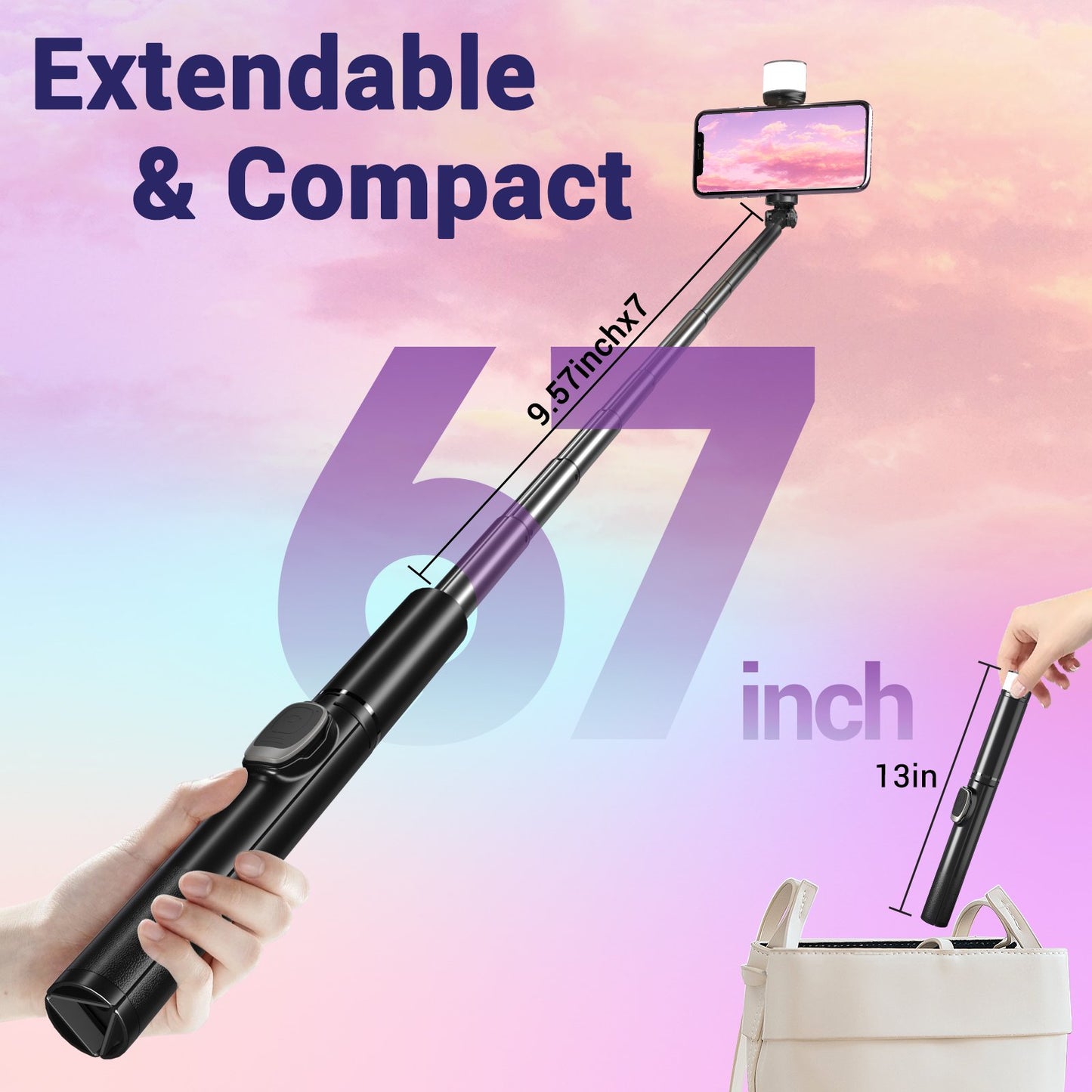 67" Selfie Stick Tripod, Tripod for iPhone with Remote and RGB Light, Extendable Phone Tripod for iPhone/Android, Portable Travel Tripod for Video Recording and Live Streaming