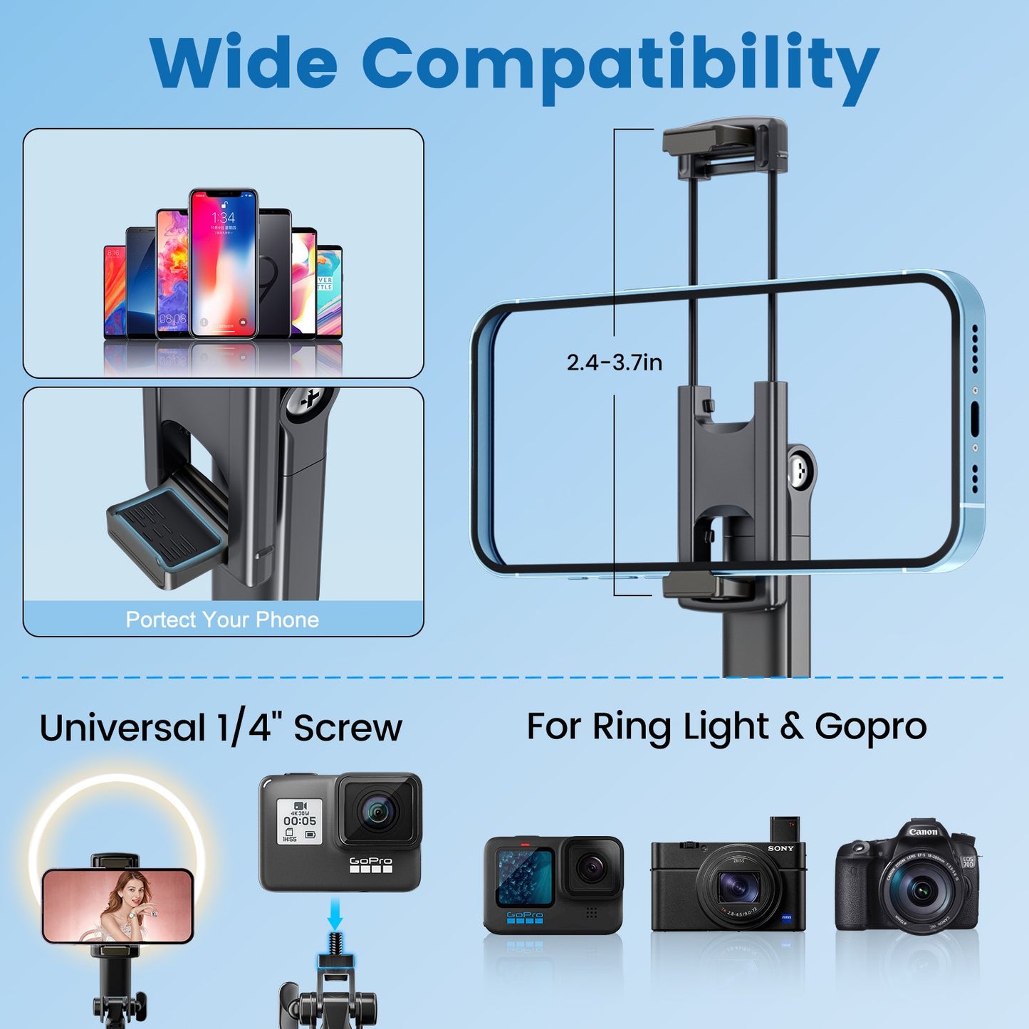 67" Selfie Stick Tripod, 360°Rotation Anti-shake Gimbal Extendable Phone Tripod with Remote and Light, Solidest Cell Phone Tripod Compatible with iPhone/Android