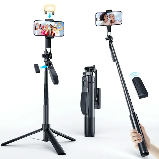 67" Selfie Stick Tripod, 360°Rotation Anti-shake Gimbal Extendable Phone Tripod with Remote and Light, Solidest Cell Phone Tripod Compatible with iPhone/Android