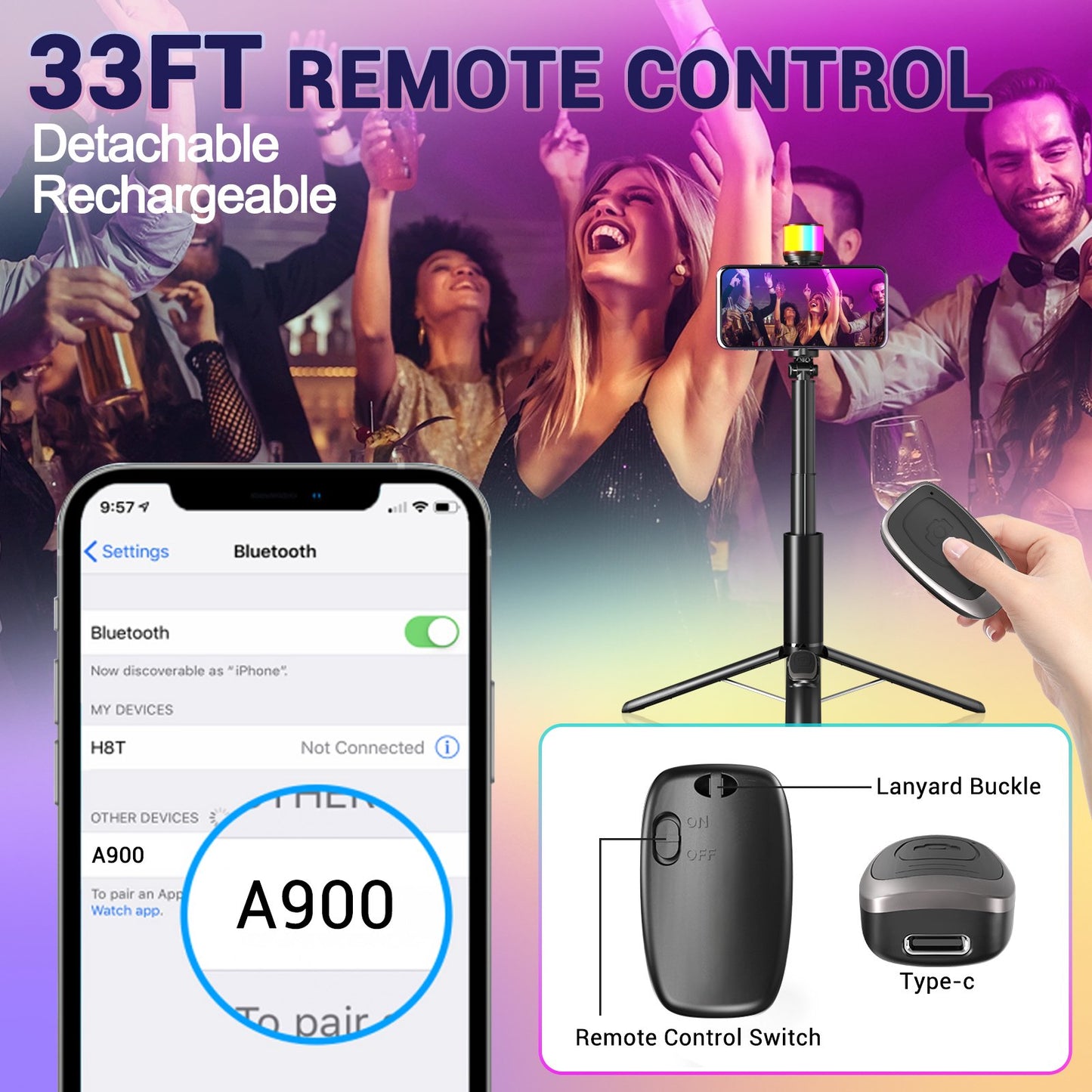 67" Selfie Stick Tripod, Tripod for iPhone with Remote and RGB Light, Extendable Phone Tripod for iPhone/Android, Portable Travel Tripod for Video Recording and Live Streaming