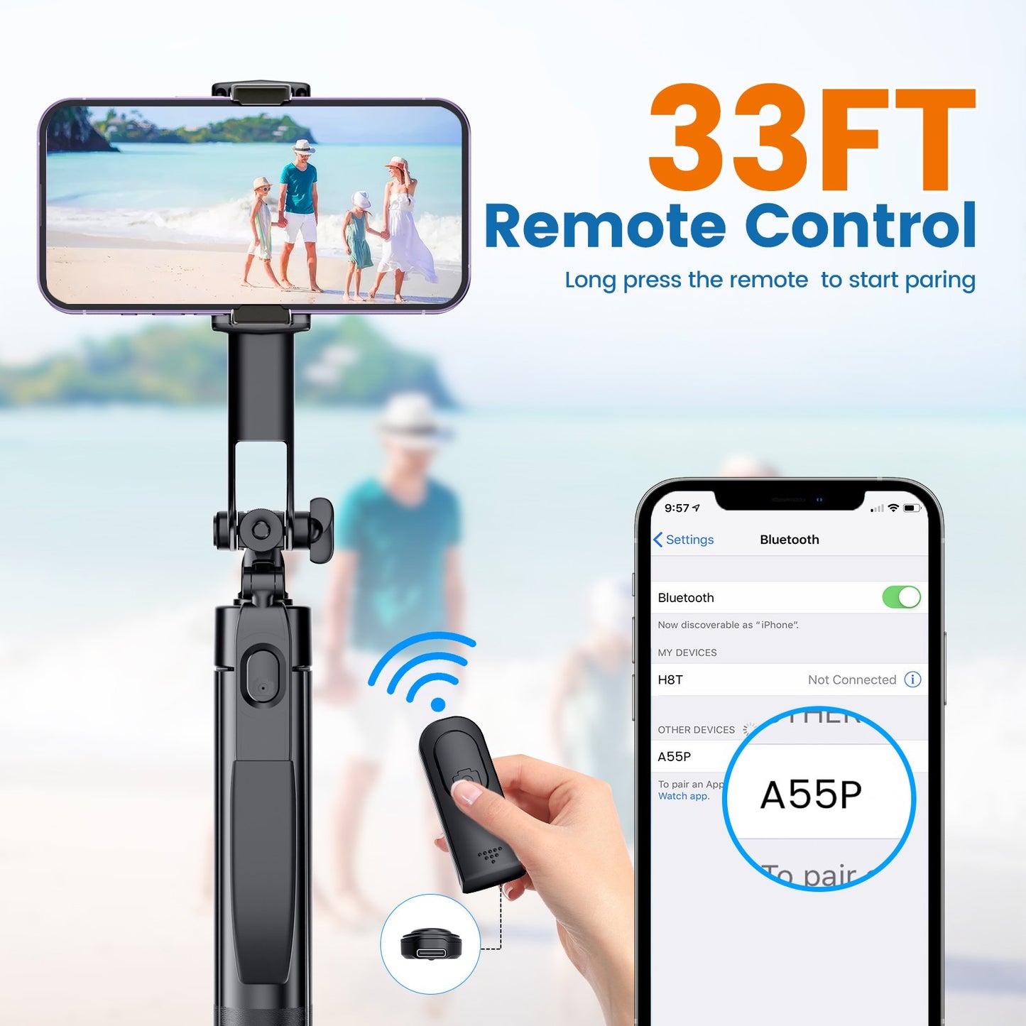 67" Selfie Stick Tripod, 360°Rotation Anti-shake Gimbal Extendable Phone Tripod with Remote and Light, Solidest Cell Phone Tripod Compatible with iPhone/Android