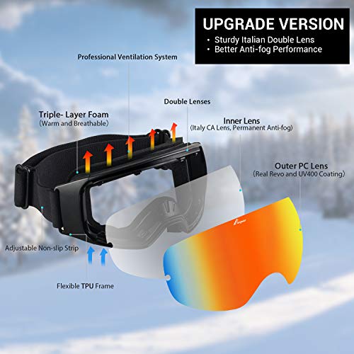 Elegear Skibrille Damen Herren Ski Goggles Snowboardbrille Anti-Fog 100% UV400 Schutz Verspiegelt Schneebrille Helmkompatible Skibrille für Snowboard Skifahren - Rot