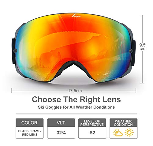 Elegear Skibrille Damen Herren Ski Goggles Snowboardbrille Anti-Fog 100% UV400 Schutz Verspiegelt Schneebrille Helmkompatible Skibrille für Snowboard Skifahren - Rot