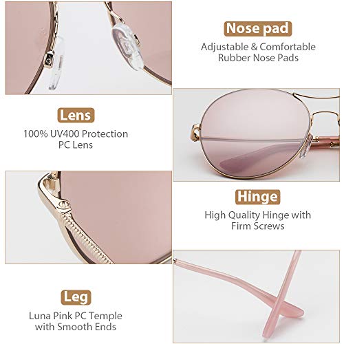 Avoalre Sunglasses Women Ladies Oval Retro Vintage 70s Pilot Style Oversized UV400 100% Protection for Holiday Season Pink Mirrored Lenses Rose Gold Metal Frame