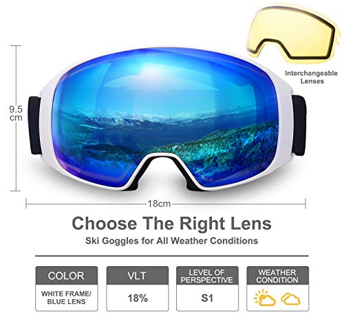 Elegear Skibrille Damen Herren Ski Goggles Snowboardbrille Anti-Fog 100% UV400 Schutz Verspiegelt Schneebrille Helmkompatible Skibrille für Snowboard Skifahren - Blau