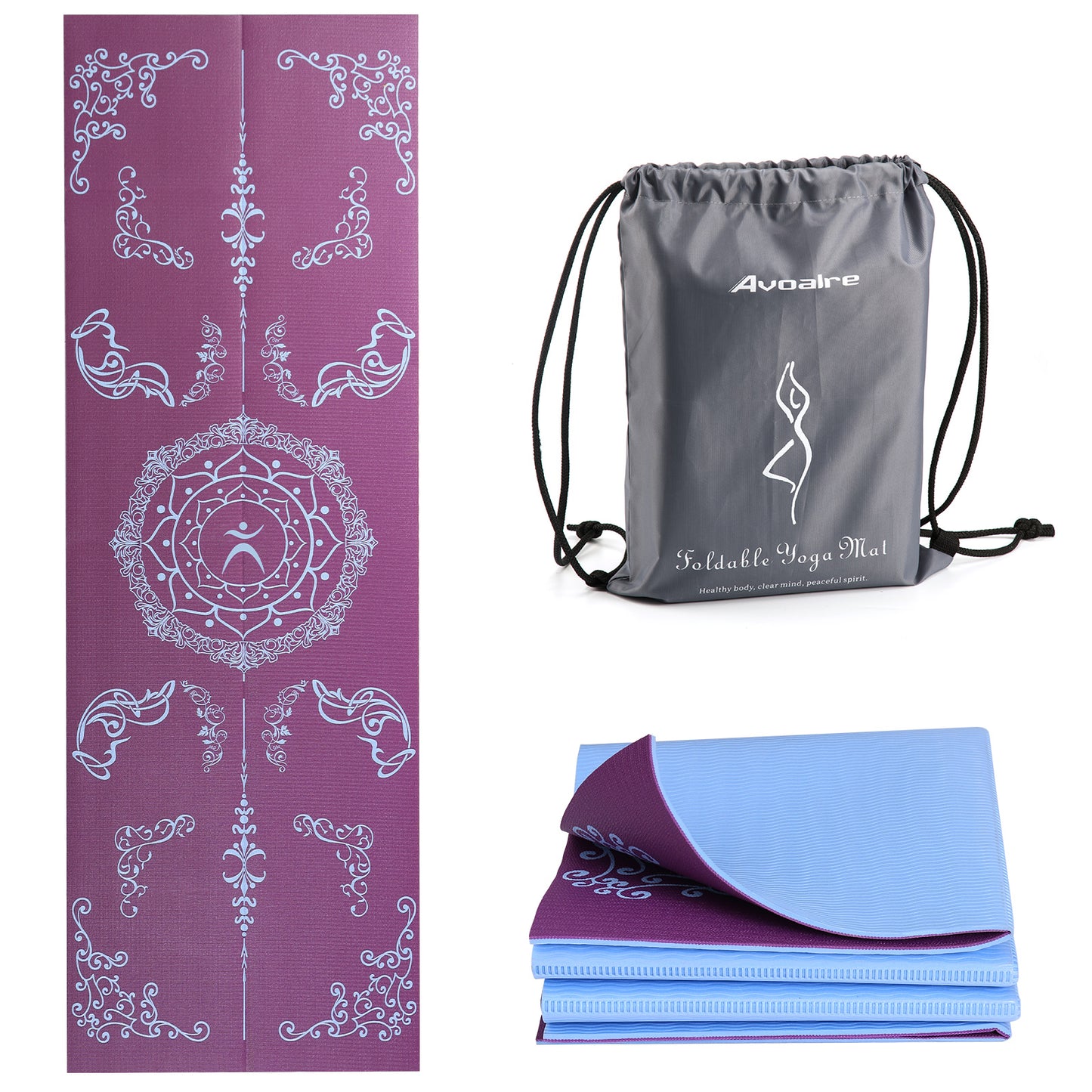 Avoalre Folding Yoga Mat, Eco-Friendly PVC Travel Yoga Mat Packable, Double Sided Non-Slip Printed Yoga Mat 72" x 24" x 1/5"