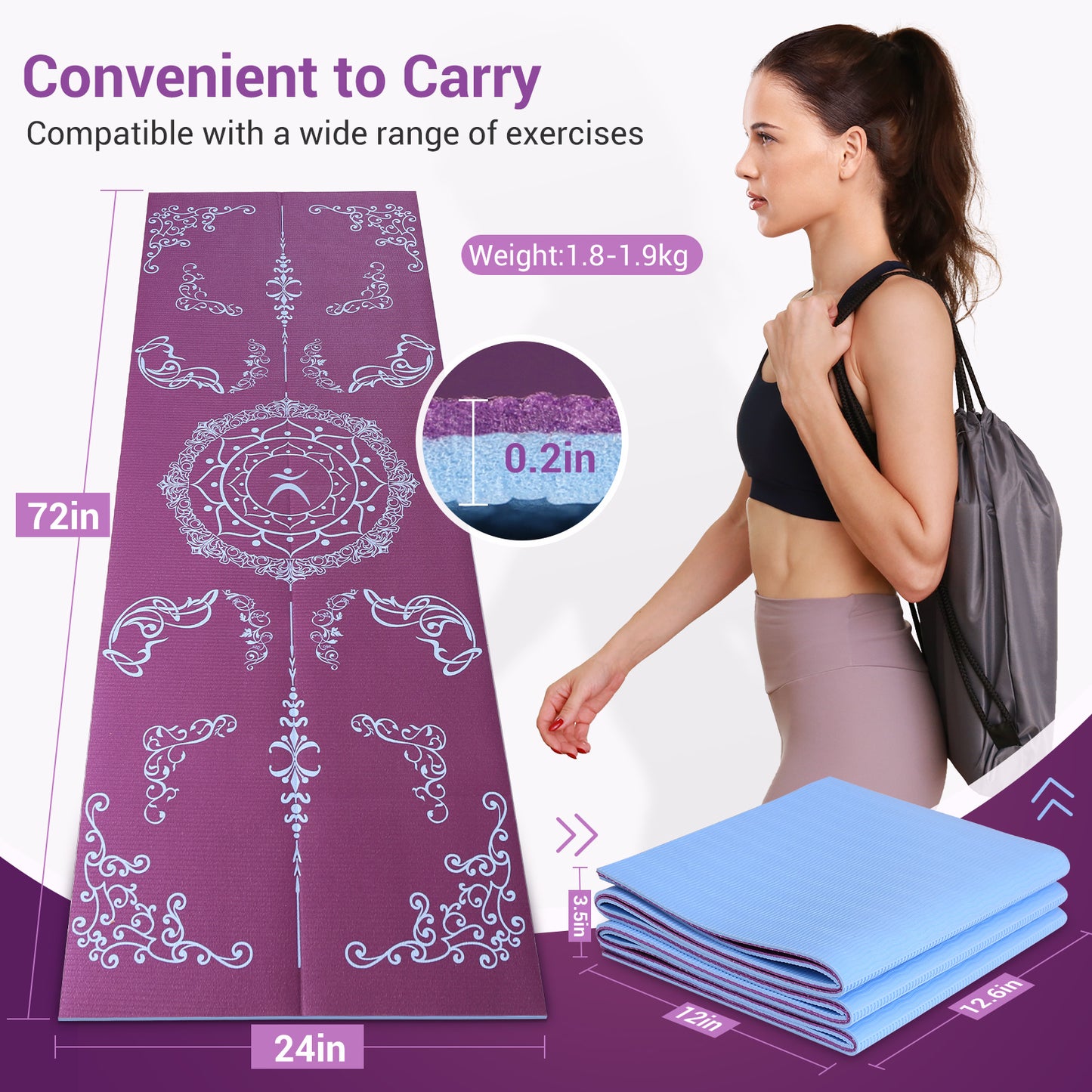 Avoalre Folding Yoga Mat, Eco-Friendly PVC Travel Yoga Mat Packable, Double Sided Non-Slip Printed Yoga Mat 72" x 24" x 1/5"