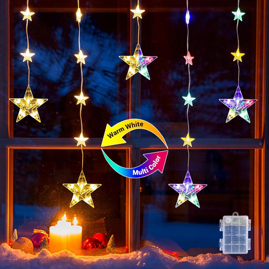 32 Stars Curtain Lights Battery Operated, Warm White Multicolor Christmas Star Window Lights with Timer & Memory Function & 8 Modes, IP65 Color Changing Curtain Lights for Window Decoration