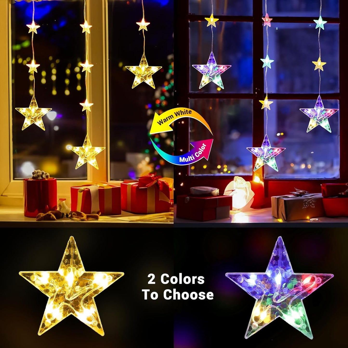 32 Stars Curtain Lights Battery Operated, Warm White Multicolor Christmas Star Window Lights with Timer & Memory Function & 8 Modes, IP65 Color Changing Curtain Lights for Window Decoration