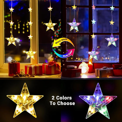 32 Stars Curtain Lights Battery Operated, Warm White Multicolor Christmas Star Window Lights with Timer & Memory Function & 8 Modes, IP65 Color Changing Curtain Lights for Window Decoration
