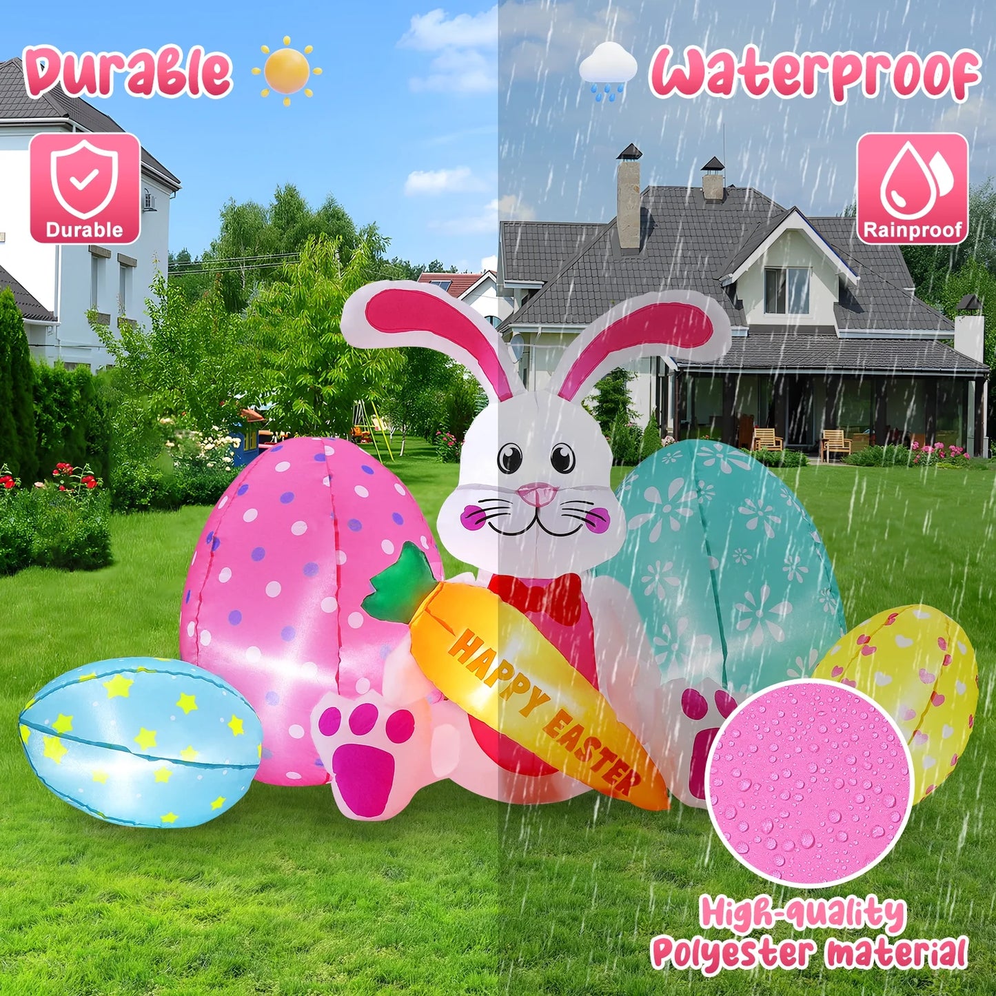 Avoalre Easter Inflatables Bunny Decor, Easter Blow up 6.1FT Cute Bunny with Carrot & Eggs, Lighted Inflatable for for Lawn Garden Holiday Party