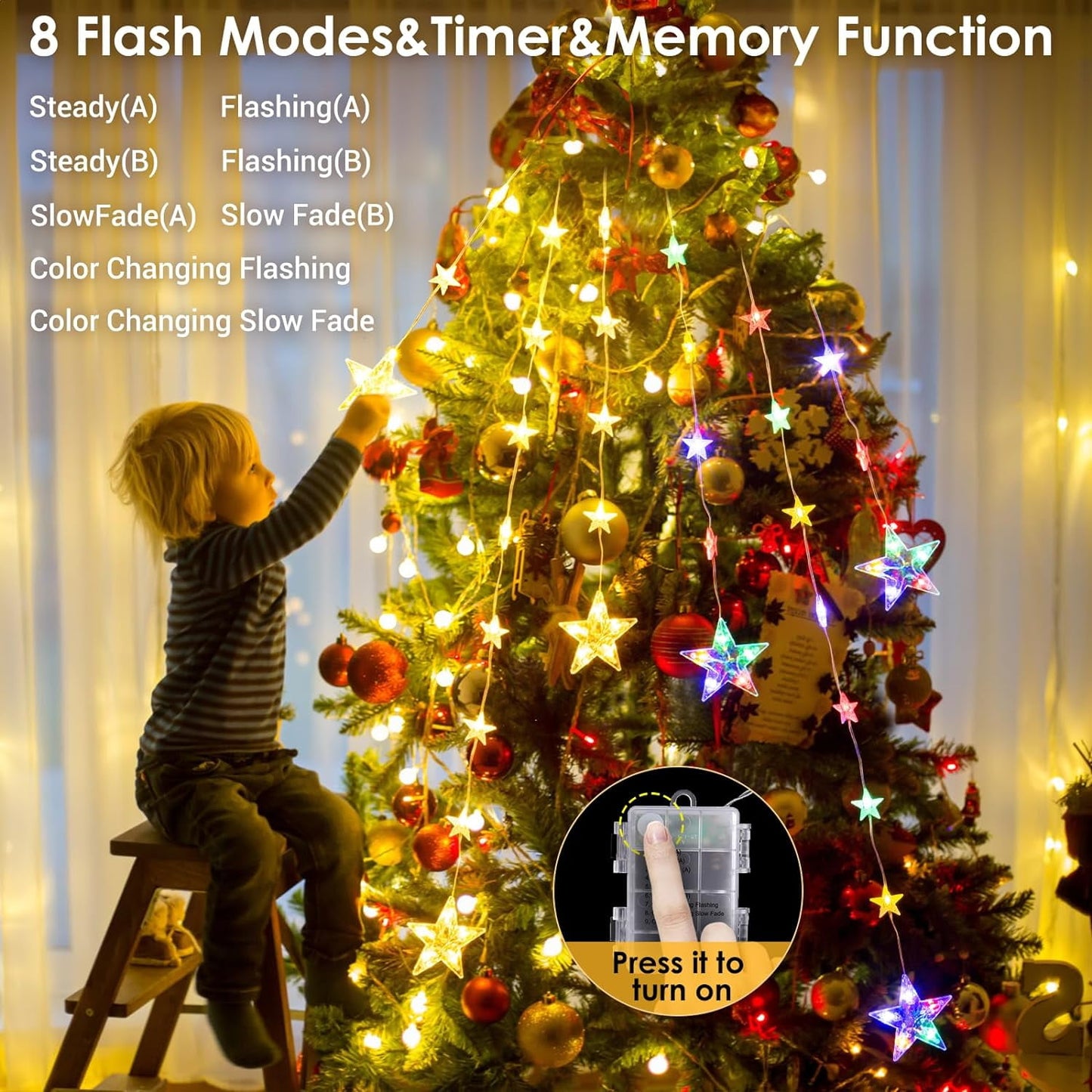 32 Stars Curtain Lights Battery Operated, Warm White Multicolor Christmas Star Window Lights with Timer & Memory Function & 8 Modes, IP65 Color Changing Curtain Lights for Window Decoration