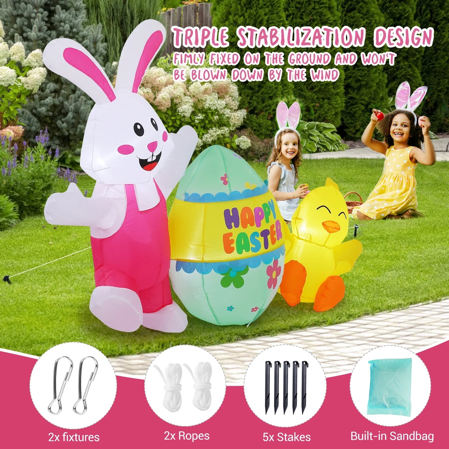 Avoalre Easter Inflatables Decorations, Easter Blow Up 4.9FT Bunny with Chicks & Eggs, Lighted Inflatable for Yard Holiday Party Outdoor Garden, Gift for Kids