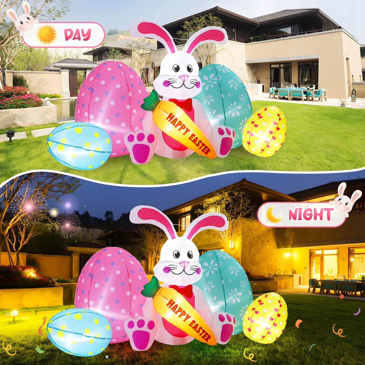 Avoalre Easter Inflatables Bunny Decor, Easter Blow up 6.1FT Cute Bunny with Carrot & Eggs, Lighted Inflatable for for Lawn Garden Holiday Party