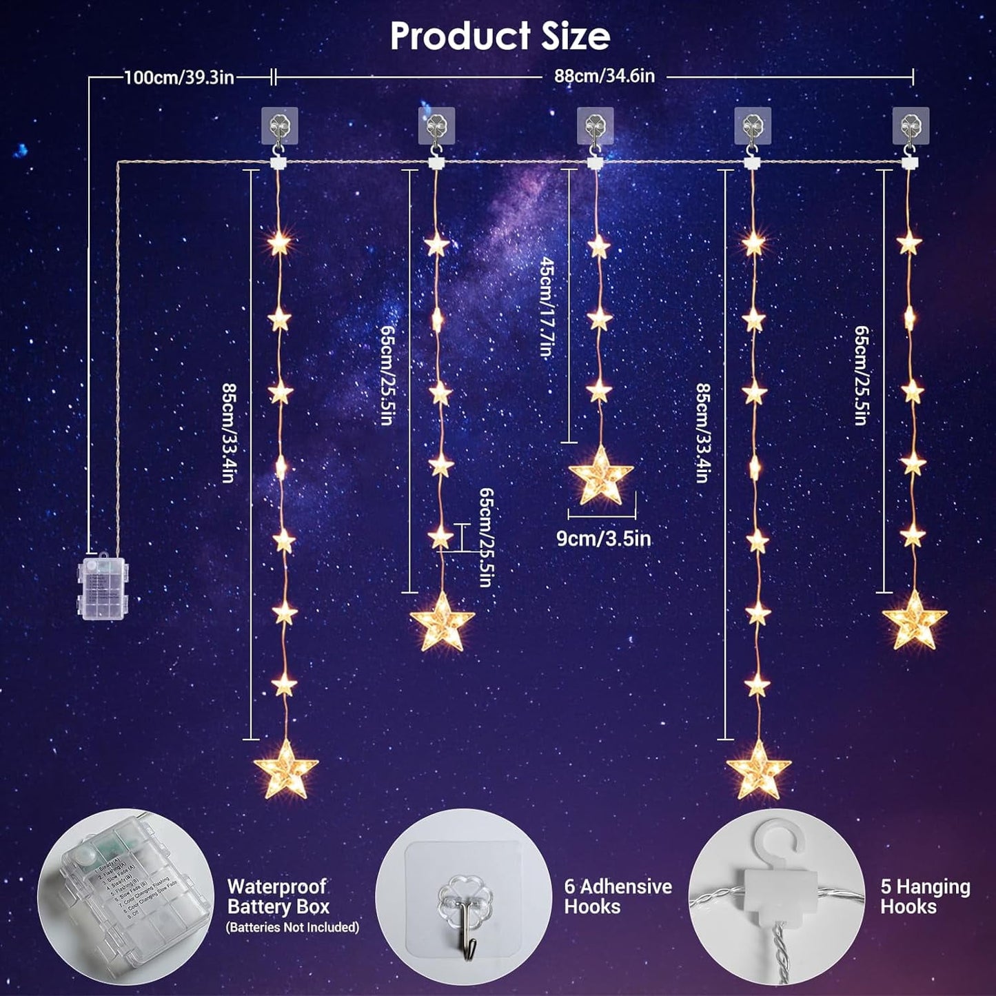 32 Stars Curtain Lights Battery Operated, Warm White Multicolor Christmas Star Window Lights with Timer & Memory Function & 8 Modes, IP65 Color Changing Curtain Lights for Window Decoration