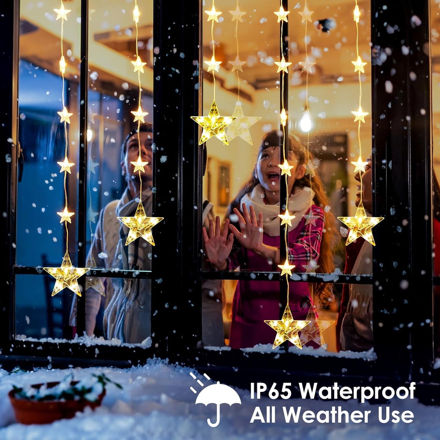 32 Stars Curtain Lights Battery Operated, Warm White Multicolor Christmas Star Window Lights with Timer & Memory Function & 8 Modes, IP65 Color Changing Curtain Lights for Window Decoration