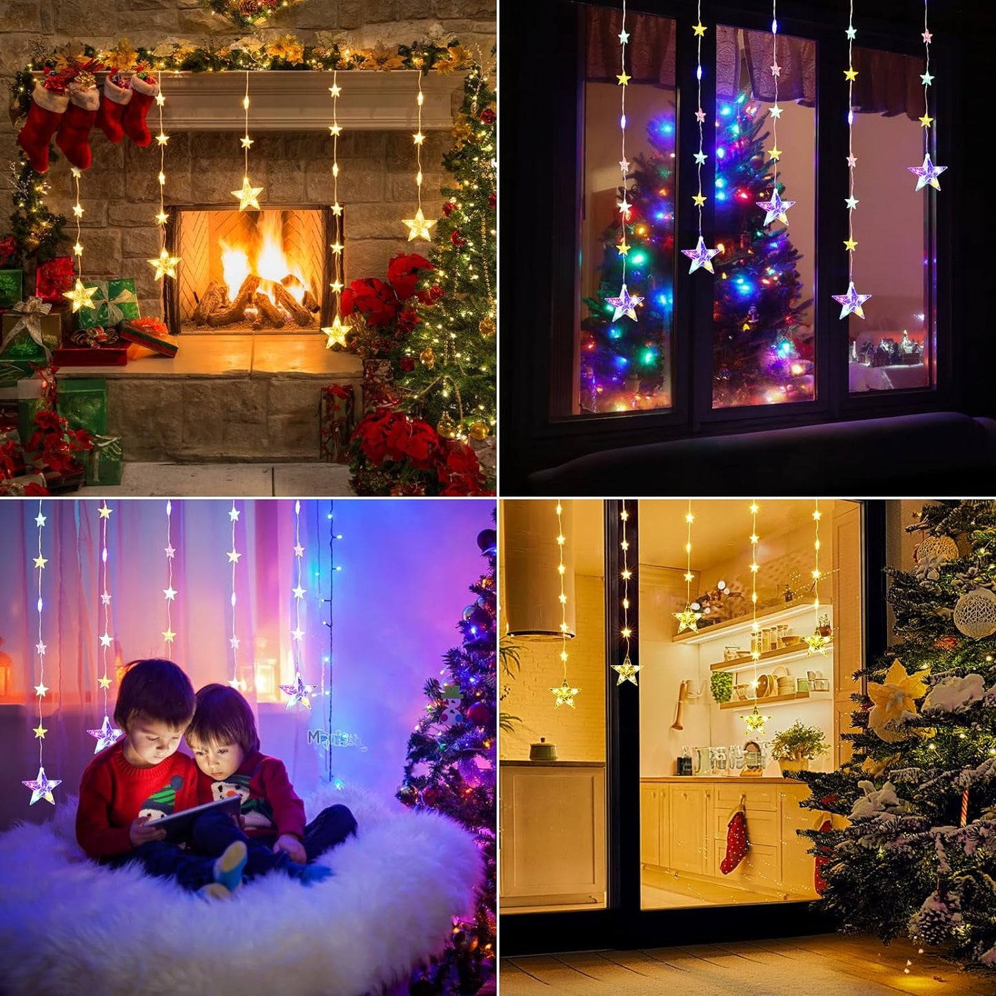 32 Stars Curtain Lights Battery Operated, Warm White Multicolor Christmas Star Window Lights with Timer & Memory Function & 8 Modes, IP65 Color Changing Curtain Lights for Window Decoration