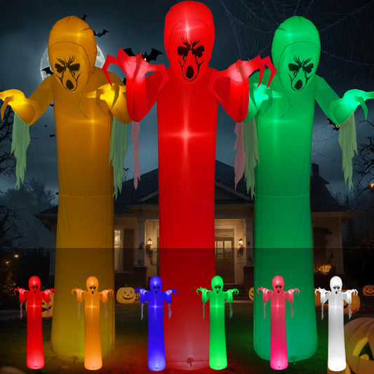 12FT Giant Halloween Inflatable with Flowing Gauze,7-Mode Color Changing RGB Lights, Scary White Ghost Halloween Blow Up Yard Decorations Outdoor for Lawn Garden Porch Party