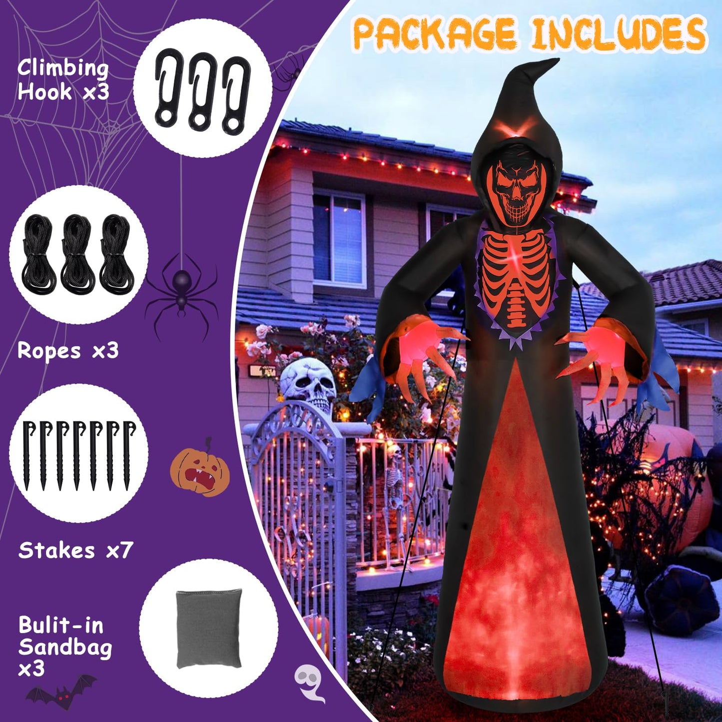 12ft 7-Colored Halloween Inflatable Ghost,Giant Halloween Inflatables Outdoor Scythe Ghost with Rotated LED Lights,Spooky Halloween Blow Up Yard Decorations for Holiday Party Yard Lawn Decor
