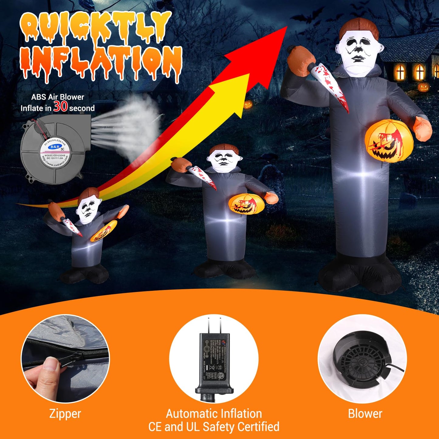 6FT Killer Halloween Inflatable Blow Up with Pumpkin & Prop Blade, Built-in LED Lights, Scary Halloween Inflatables Outdoor Decorations for Yard Lawn Garden Porch Party