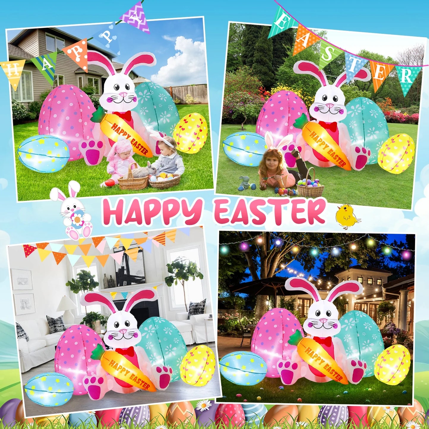 Avoalre Easter Inflatables Bunny Decor, Easter Blow up 6.1FT Cute Bunny with Carrot & Eggs, Lighted Inflatable for for Lawn Garden Holiday Party