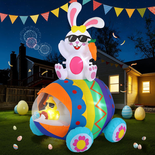 Avoalre Easter Inflatables Bunny Decor, Easter Colorful Blow Up 4.9FT Chick & Bunny Car, Lighted Inflatable for for Lawn Garden Holiday Party