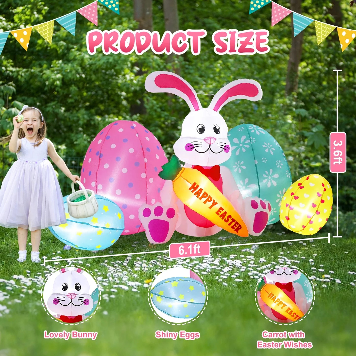 Avoalre Easter Inflatables Bunny Decor, Easter Blow up 6.1FT Cute Bunny with Carrot & Eggs, Lighted Inflatable for for Lawn Garden Holiday Party