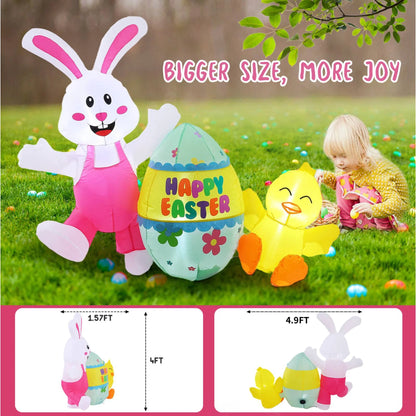 Avoalre Easter Inflatables Decorations, Easter Blow Up 4.9FT Bunny with Chicks & Eggs, Lighted Inflatable for Yard Holiday Party Outdoor Garden, Gift for Kids