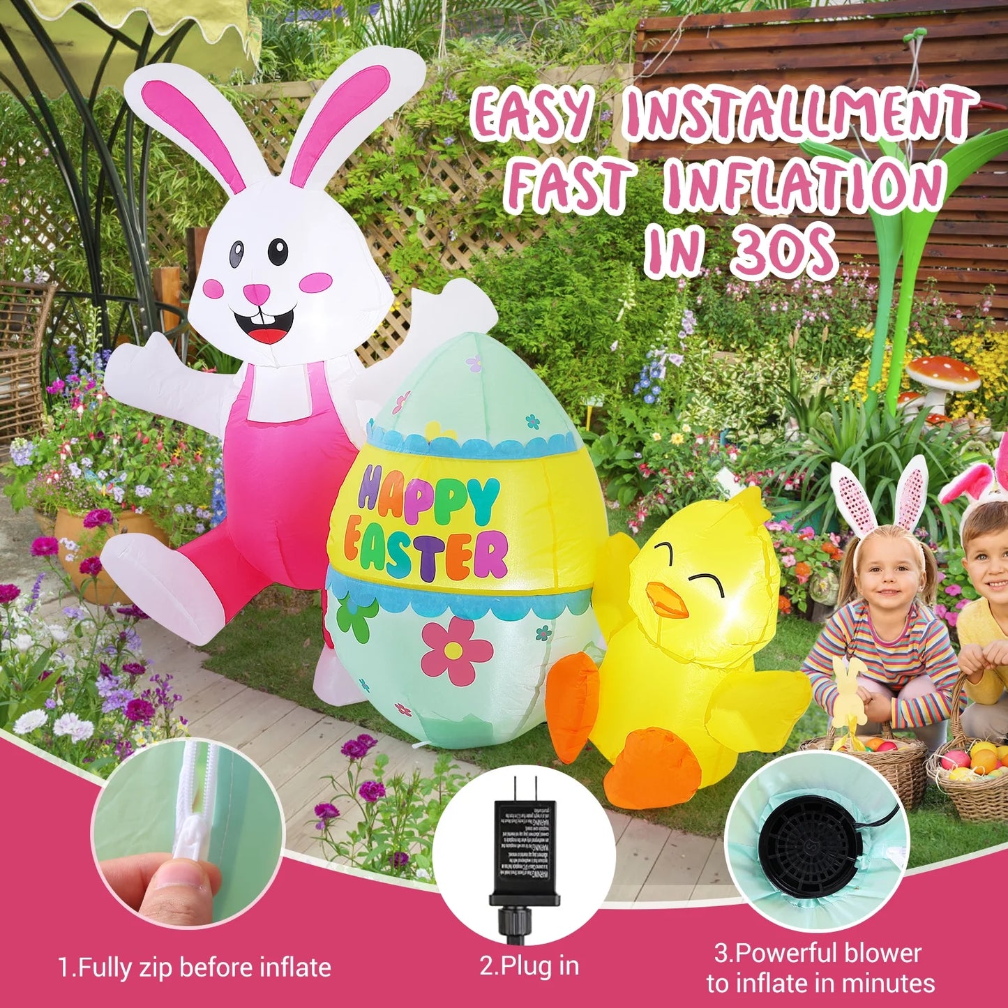Avoalre Easter Inflatables Decorations, Easter Blow Up 4.9FT Bunny with Chicks & Eggs, Lighted Inflatable for Yard Holiday Party Outdoor Garden, Gift for Kids
