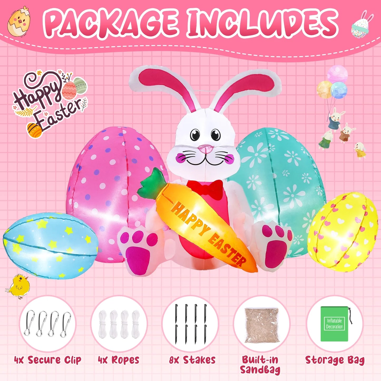 Avoalre Easter Inflatables Bunny Decor, Easter Blow up 6.1FT Cute Bunny with Carrot & Eggs, Lighted Inflatable for for Lawn Garden Holiday Party