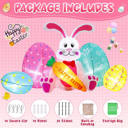 Avoalre Easter Inflatables Bunny Decor, Easter Blow up 6.1FT Cute Bunny with Carrot & Eggs, Lighted Inflatable for for Lawn Garden Holiday Party