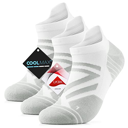 Ankle Athletic Running Sports Low Cut Tab Socks Coolmax Moisture Wicking Seamless 3Pairs (Ankle-White Grey, Small)