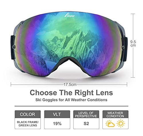 Elegear Skibrille Damen Herren Ski Goggles Snowboardbrille Anti-Fog 100% UV400 Schutz Verspiegelt Schneebrille Helmkompatible Skibrille für Snowboard Skifahren - Grün