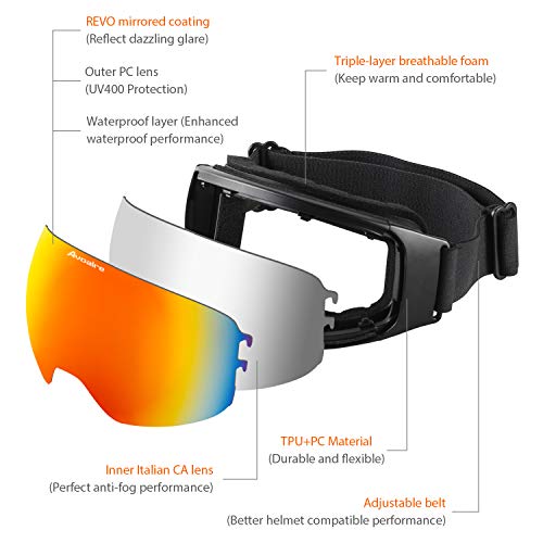 Avoalre Skibrille Damen Anti Fog Snowboardbrille - Ski Snowboard Brille für Brillenträger Schutzbrillen, 100% OTG Anti-Fog 400 UV-Schutz Schneebrille Snowboard Ski Goggles