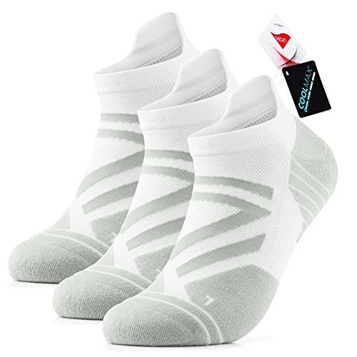 Ankle Athletic Running Sports Low Cut Tab Socks Coolmax Moisture Wicking Seamless 3Pairs (Ankle-White Grey, Small)