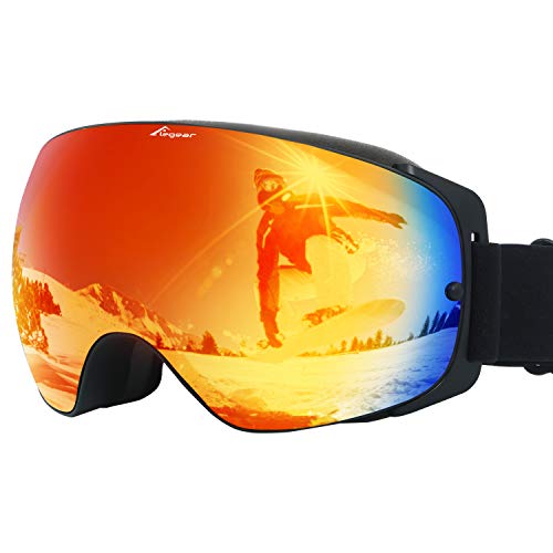 Elegear Skibrille Damen Herren Ski Goggles Snowboardbrille Anti-Fog 100% UV400 Schutz Verspiegelt Schneebrille Helmkompatible Skibrille für Snowboard Skifahren - Rot
