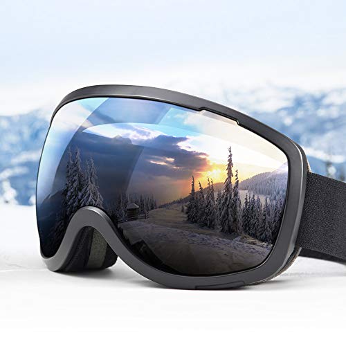 Elegear Skibrille Damen Herren Ski Goggles Snowboardbrille Anti-Fog 100% UV400 Schutz Verspiegelt Schneebrille Helmkompatible Skibrille für Snowboard Skifahren - Schwarz