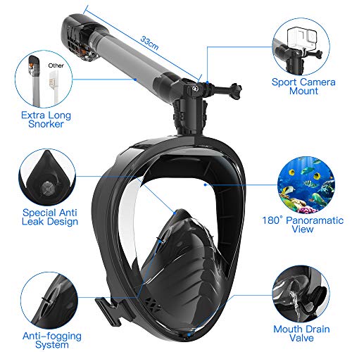 Masque Plongée HD [2020 Nouveau],180°View Masque Snorkeling avec Technologie Anti-Buée Anti-Fuite et Design Panoramique, Masque Tuba Compatible Caméra Sport pour Adultes et Enfants(Noir, S/M)