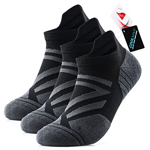 Ankle Athletic Running Sports Low Cut Tab Socks Coolmax Moisture Wicking Seamless 3Pairs (Ankle-Black Grey, Small)