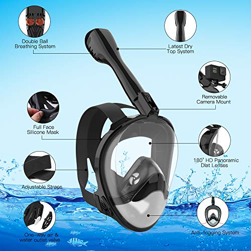 Avoalre Full Face Snorkel Mask Advanced Safety Breathing System Portable 180° Panoramic View Snorkeling Mask with Camera Mount,Safe Breathing,Anti-Leak&Anti-Fog Snorkel Mask for Adult S/M (Black)