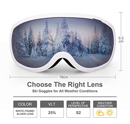 Elegear Skibrille Damen Herren Ski Goggles Snowboardbrille Anti-Fog 100% UV400 Schutz Verspiegelt Schneebrille Helmkompatible Skibrille für Snowboard Skifahren - Silber