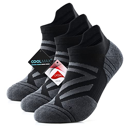 Ankle Athletic Running Sports Low Cut Tab Socks Coolmax Moisture Wicking Seamless 3Pairs (Ankle-Black Grey, Small)